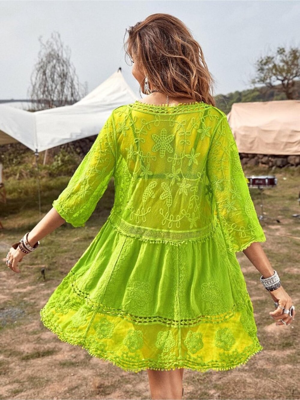 Womens Fluorescent Green Rayon V-Neck Coverup Lace Bathing Suit Swimsuit Coverup - Picture 2 of 4